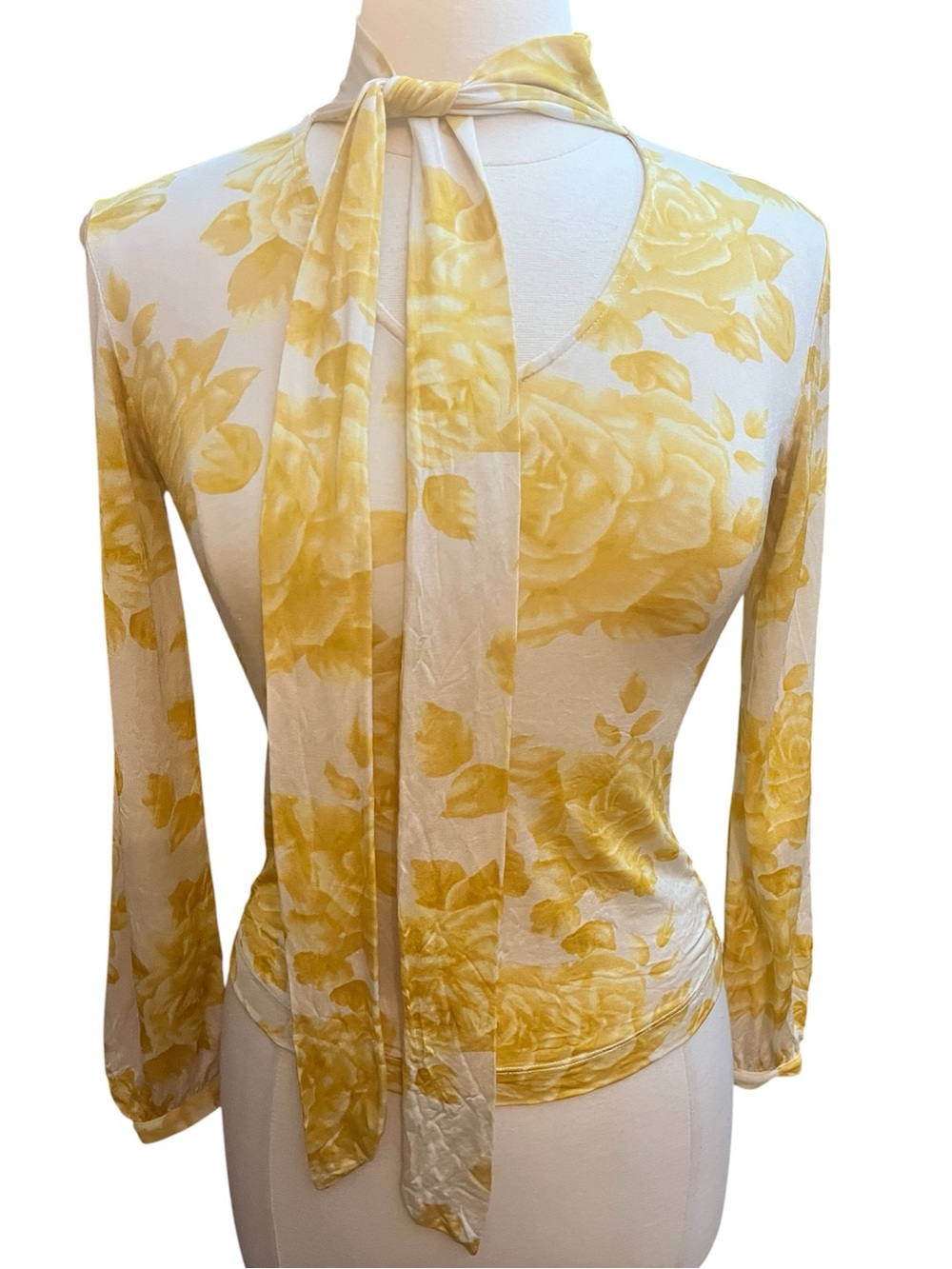 Banana Republic Yellow Silk Floral Tie-Neck Long Sleeve Top Size XS